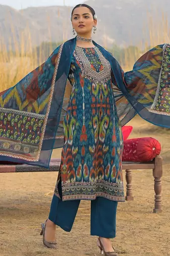 Women Ethnic Motifs Printed Mirror Work Cotton Kurta with Trousers & With Dupatta
