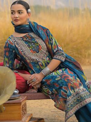 Women Ethnic Motifs Printed Mirror Work Cotton Kurta with Trousers & With Dupatta 5