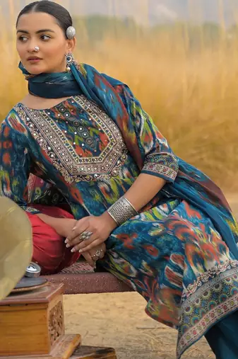 Women Ethnic Motifs Printed Mirror Work Cotton Kurta with Trousers & With Dupatta