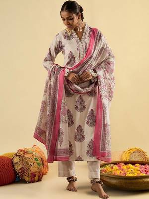 Women Floral Printed Thread Work Cotton Kurta with Trousers & With Dupatta 1