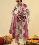 Women Floral Printed Thread Work Cotton Kurta with Trousers & With Dupatta