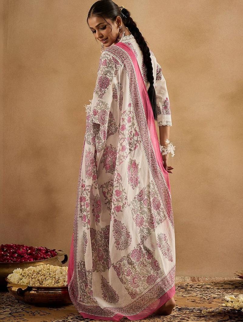 Women Floral Printed Thread Work Cotton Kurta with Trousers & With Dupatta
