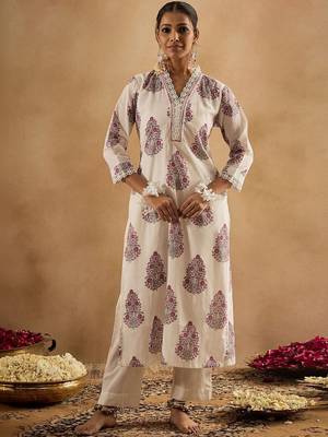 Women Floral Printed Thread Work Cotton Kurta with Trousers & With Dupatta 5