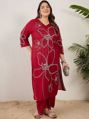 Plus Size Maroon Embroidered Straight Kurta Palazzos Set 1