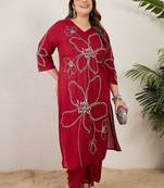 Plus Size Maroon Embroidered Straight Kurta Palazzos Set