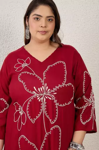 Plus Size Maroon Embroidered Straight Kurta Palazzos Set