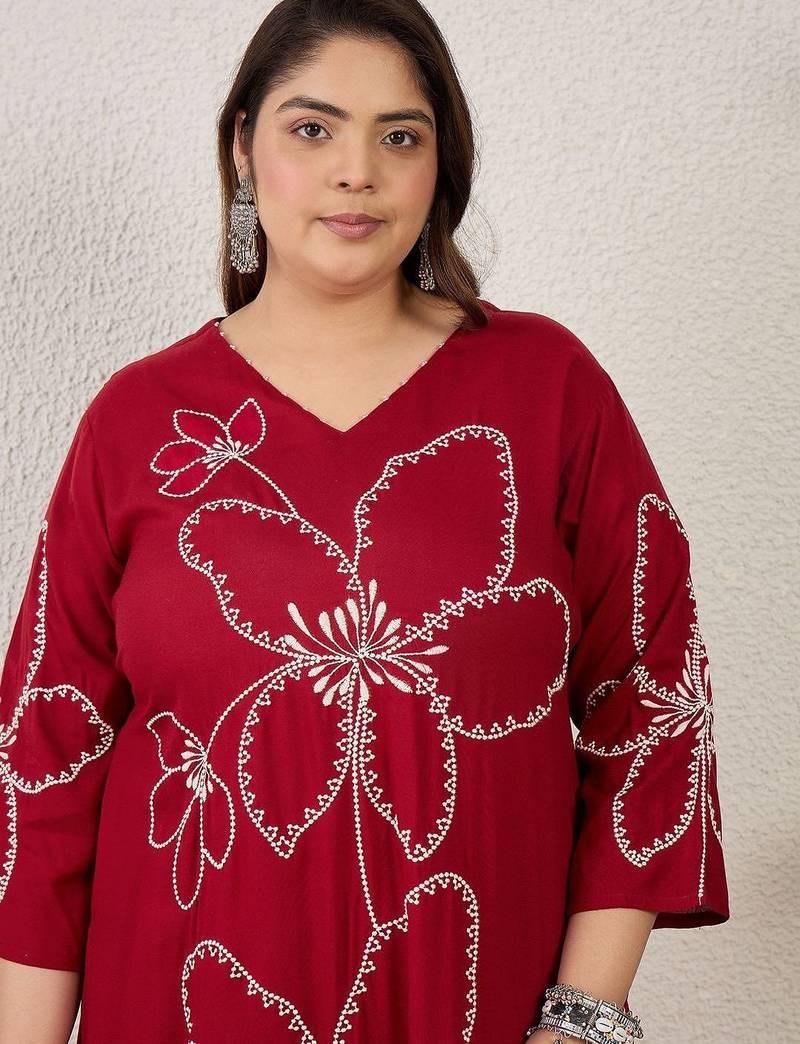 Plus Size Maroon Embroidered Straight Kurta Palazzos Set
