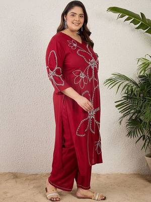Plus Size Maroon Embroidered Straight Kurta Palazzos Set 3