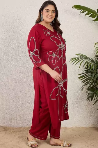 Plus Size Maroon Embroidered Straight Kurta Palazzos Set