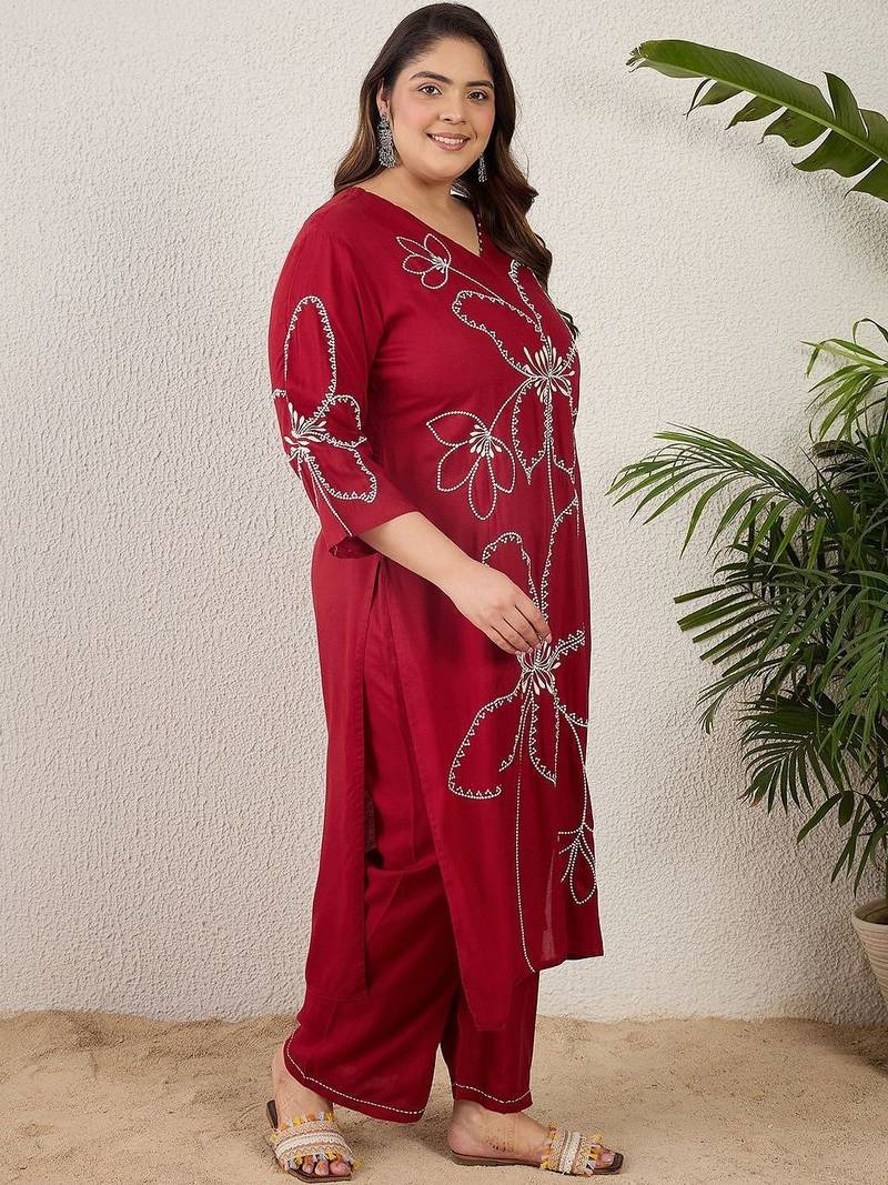 Plus Size Maroon Embroidered Straight Kurta Palazzos Set