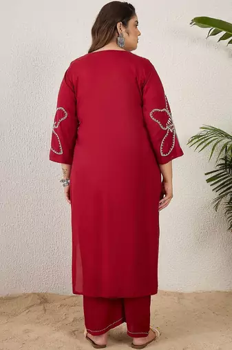 Plus Size Maroon Embroidered Straight Kurta Palazzos Set