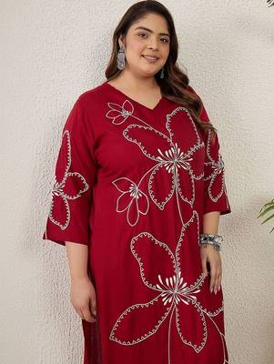 Plus Size Maroon Embroidered Straight Kurta Palazzos Set 5