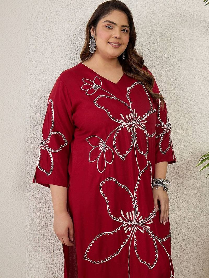 Plus Size Maroon Embroidered Straight Kurta Palazzos Set