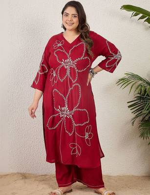 Plus Size Maroon Embroidered Straight Kurta Palazzos Set 6