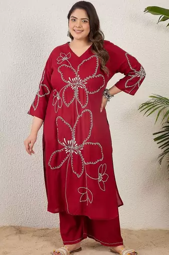 Plus Size Maroon Embroidered Straight Kurta Palazzos Set