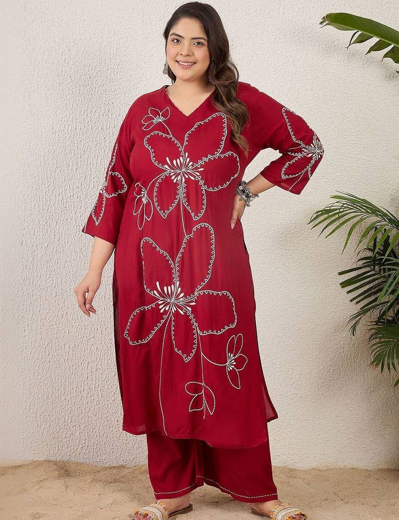 Plus Size Maroon Embroidered Straight Kurta Palazzos Set