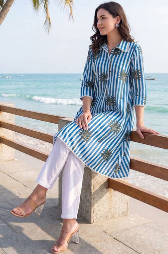 Women Printed Cotton Kurti with Trousers