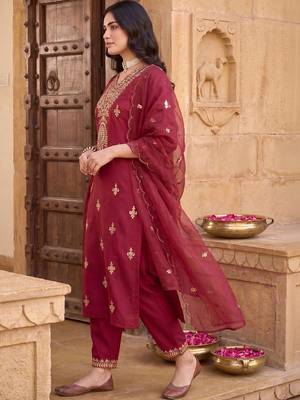 Women Ethnic Motifs Embroidered Kurta with Trousers & With Dupatta 4