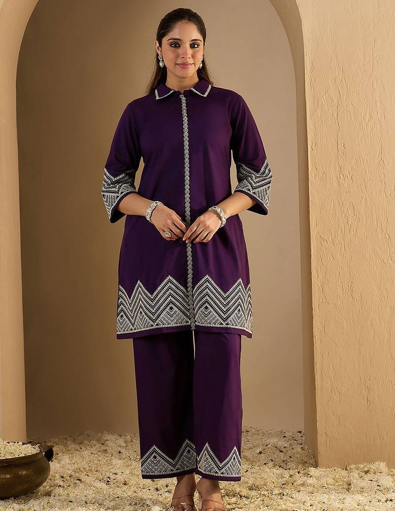 Women Ethnic Motifs Embroidered Cotton Kurta With Palazzos