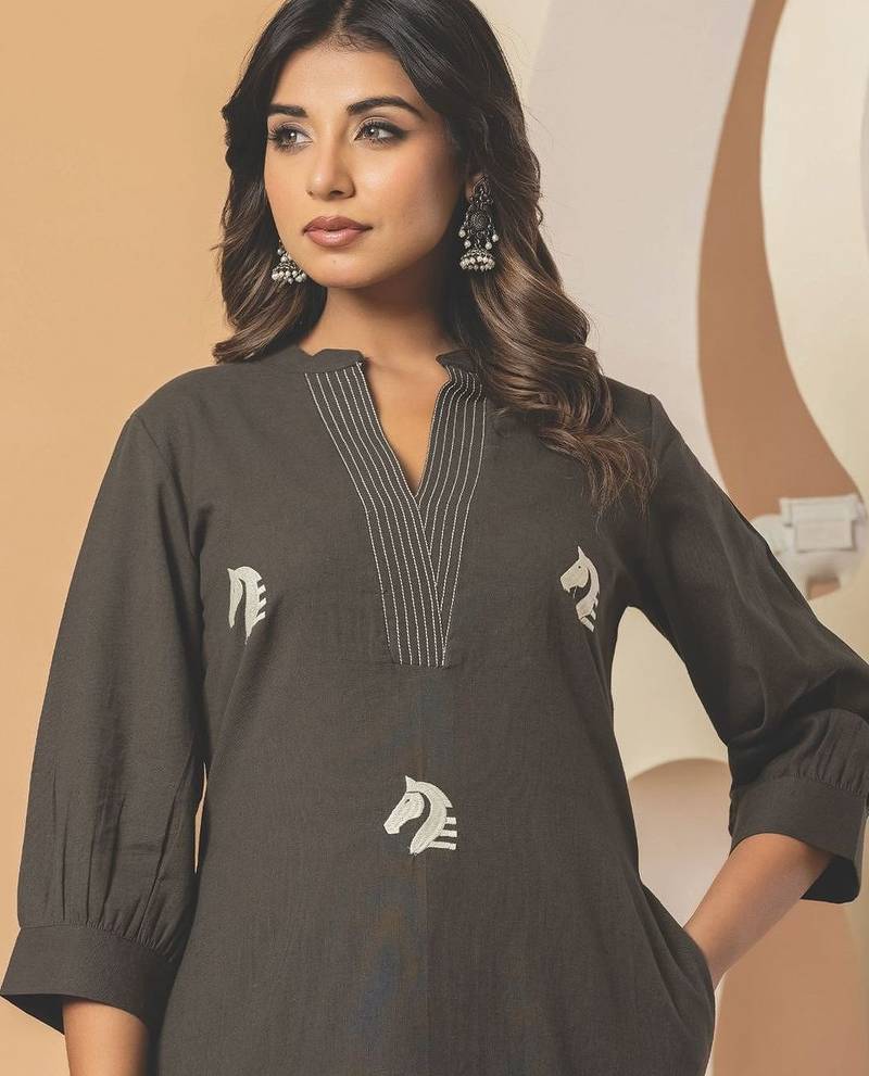 Women Animal Embroidered Thread Work Cotton Kurta with Palazzos