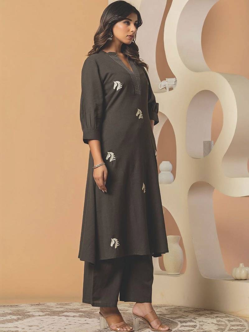 Women Animal Embroidered Thread Work Cotton Kurta with Palazzos