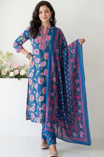 Women Floral Printed Cotton Kurta with Trousers & With Dupatta