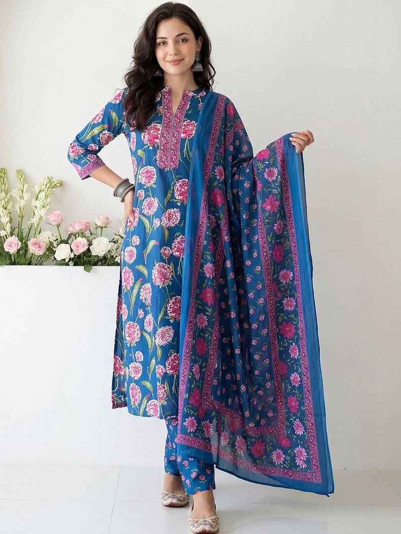 Women Floral Printed Cotton Kurta with Trousers & With Dupatta