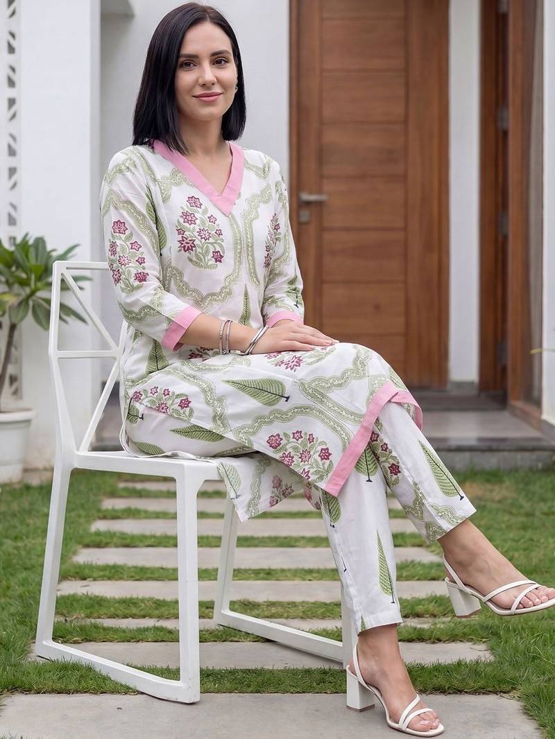 Women Floral Printed Cotton Kurta with Trousers