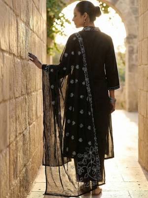 Women Ethnic Motifs Embroidered Thread Work Cotton Kurta with Trousers & With Dupatta 3