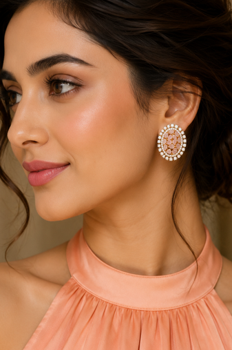 Gold Finish Peach Pear Stone Oval Halo CZ Earrings