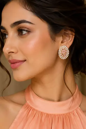 Gold Finish Peach Pear Stone Oval Halo CZ Earrings