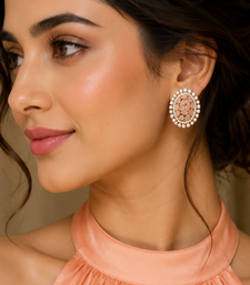 Gold Finish Peach Pear Stone Oval Halo CZ Earrings