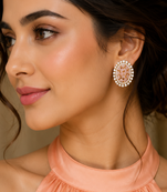 Gold Finish Peach Pear Stone Oval Halo CZ Earrings