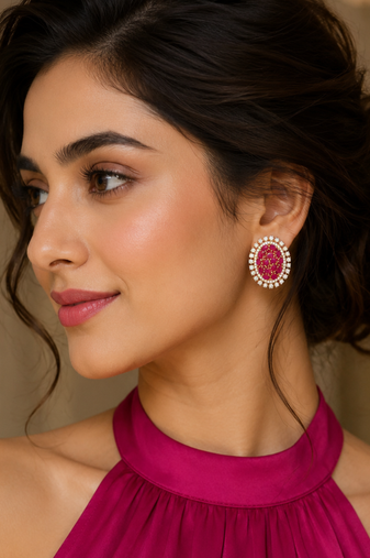 Gold finish royal ruby cz cluster statement earrings