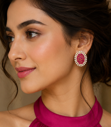 Gold finish royal ruby cz cluster statement earrings