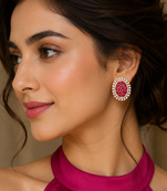 Gold finish royal ruby cz cluster statement earrings