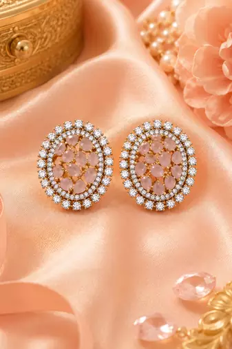 Gold Finish Peach Pear Stone Oval Halo CZ Earrings