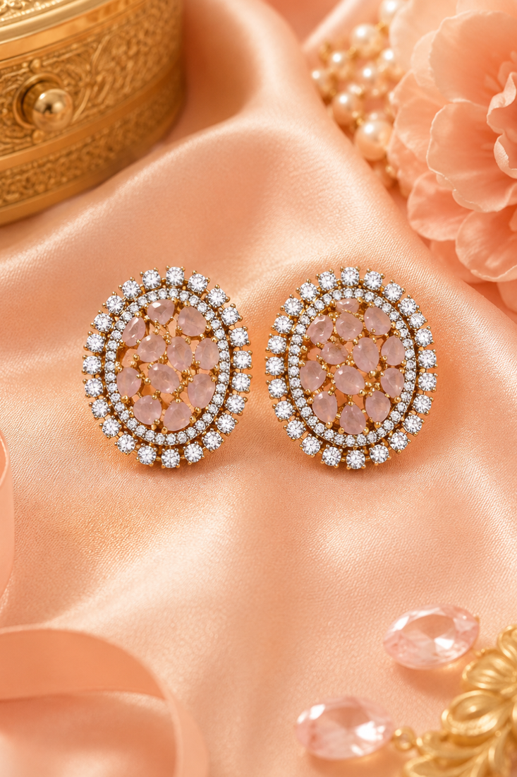Gold Finish Peach Pear Stone Oval Halo CZ Earrings