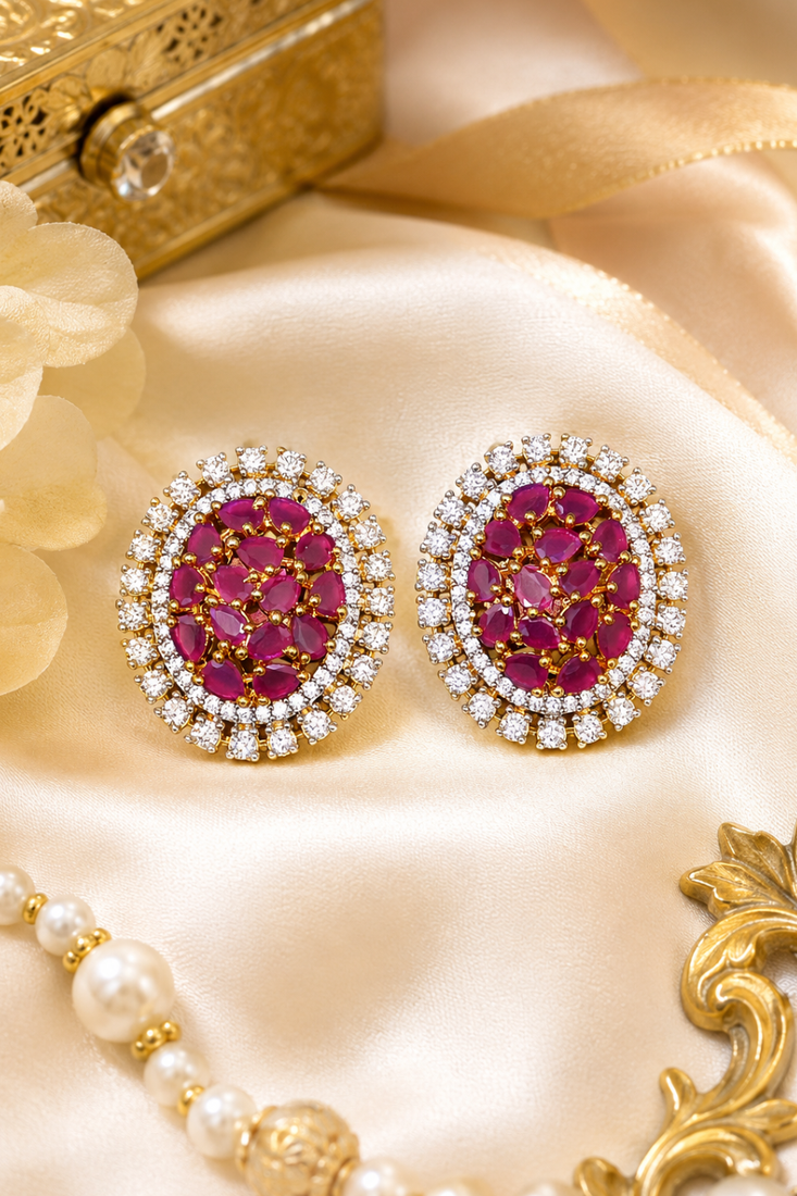 Gold finish royal ruby cz cluster statement earrings
