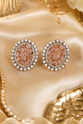 Gold Finish Peach Pear Stone Oval Halo CZ Earrings 3
