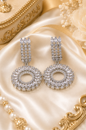 Rhodium Finish Luxury Circular Halo Crystal Drop Earrings