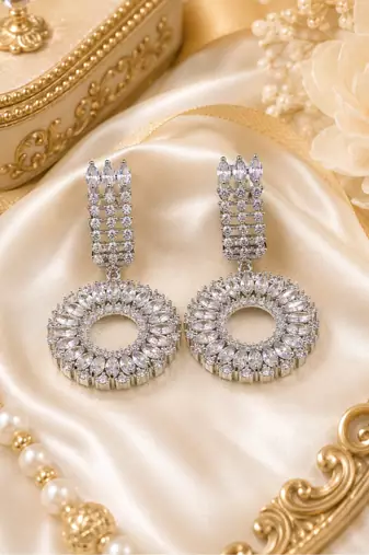 Rhodium Finish Luxury Circular Halo Crystal Drop Earrings