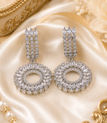 Rhodium Finish Luxury Circular Halo Crystal Drop Earrings