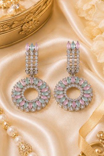 Rhodium finish pastel cz halo dangle earrings