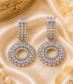 Rhodium finish pastel cz halo dangle earrings