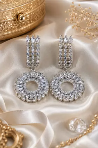 Rhodium Finish Luxury Circular Halo Crystal Drop Earrings