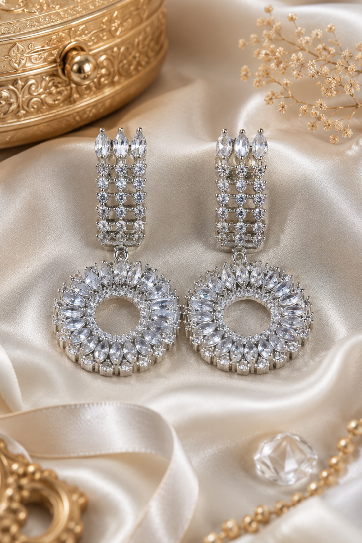 Rhodium Finish Luxury Circular Halo Crystal Drop Earrings