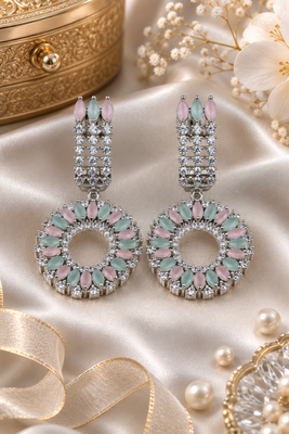 Rhodium finish pastel cz halo dangle earrings 2