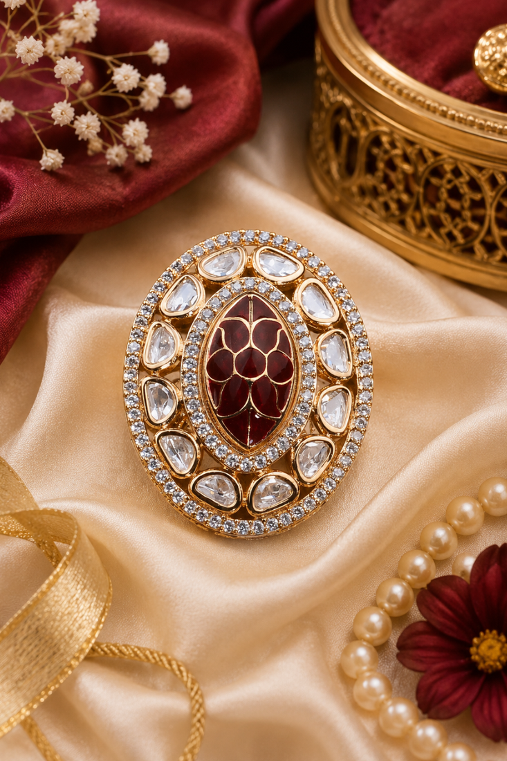 Heritage meenakari diamond work adjustable ring