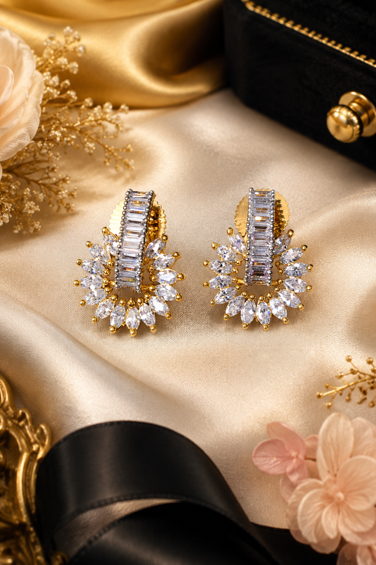 Gold Finish Crystal Flora Statement Earrings